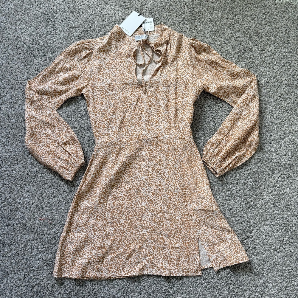 NWT Rue Stiic Free People Full Sleeve Brown Cream Printed Mini Dress Women’s XS